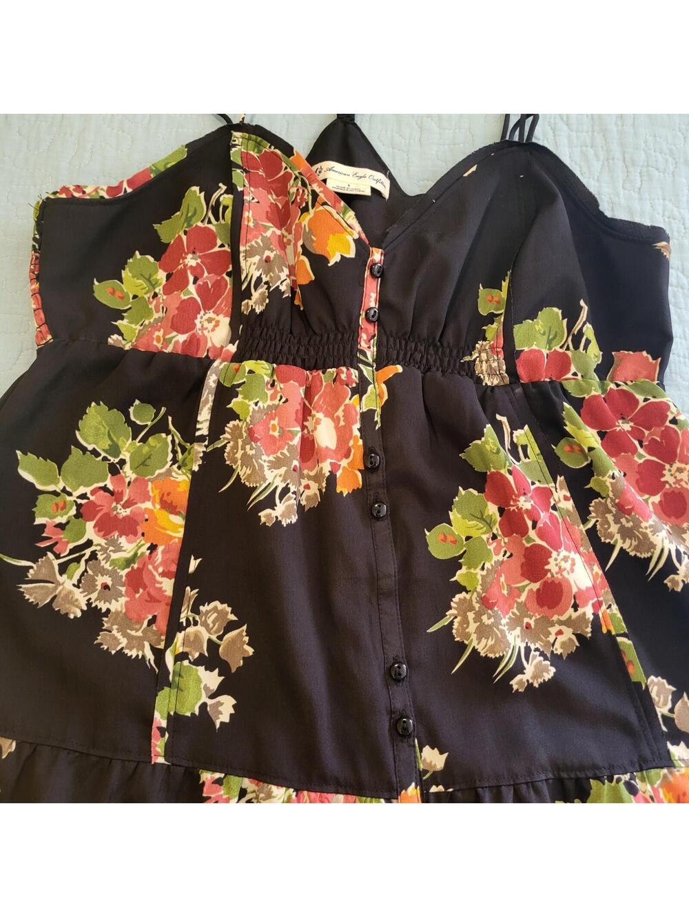 American Eagle Black Flowy Mid-Length A-Line Floral Dress spaghetti straps sz 8